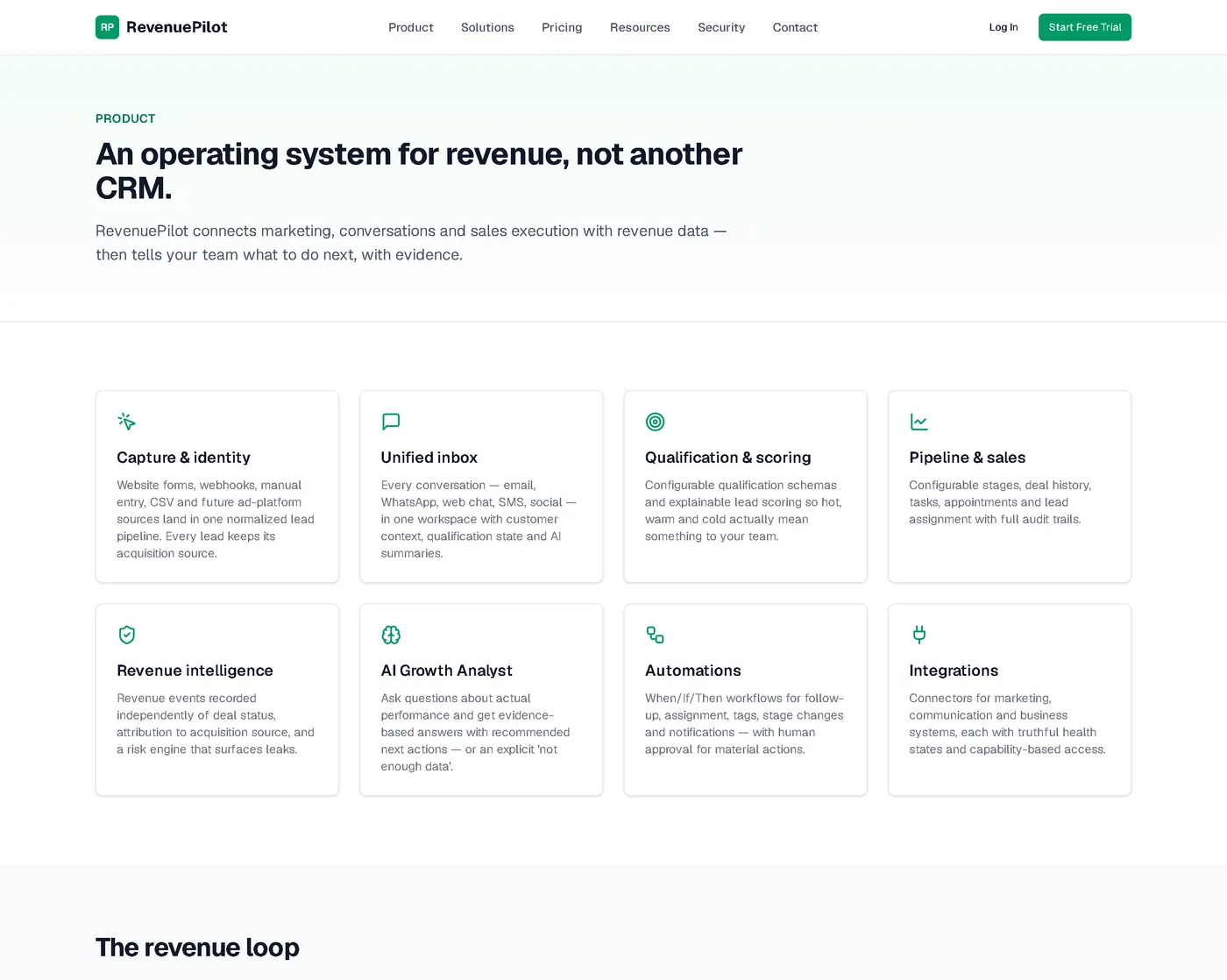 RevenuePilot product page listing capture and identity, unified inbox, qualification and scoring, pipeline and sales, revenue intelligence, AI Growth Analyst, automations and integrations.